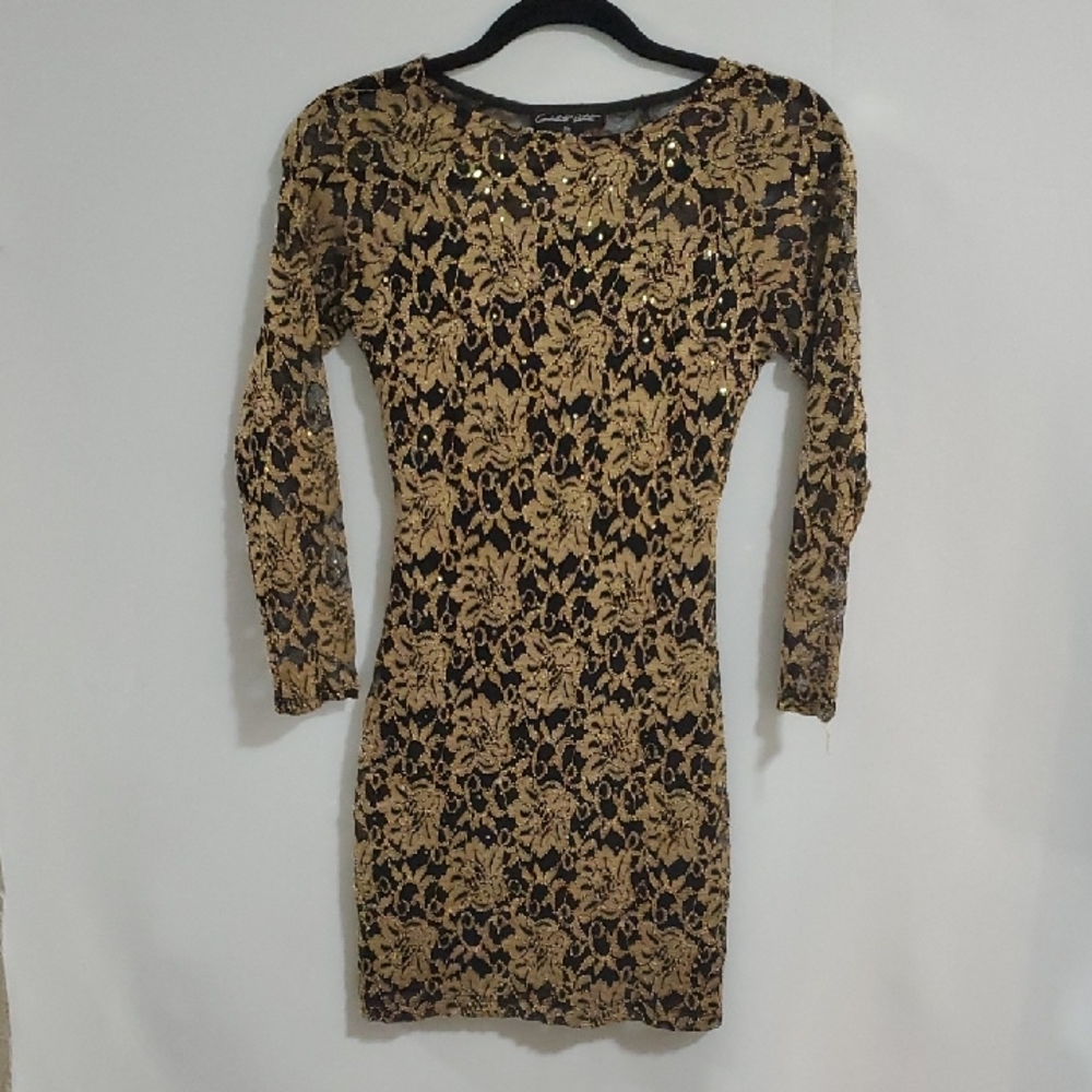 Cardalite Petite Gold and Black Long Sleeve Bodycon Dress